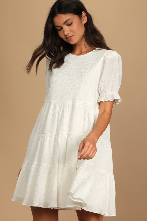 White Mini Dress - Puff Sleeve Babydoll ...